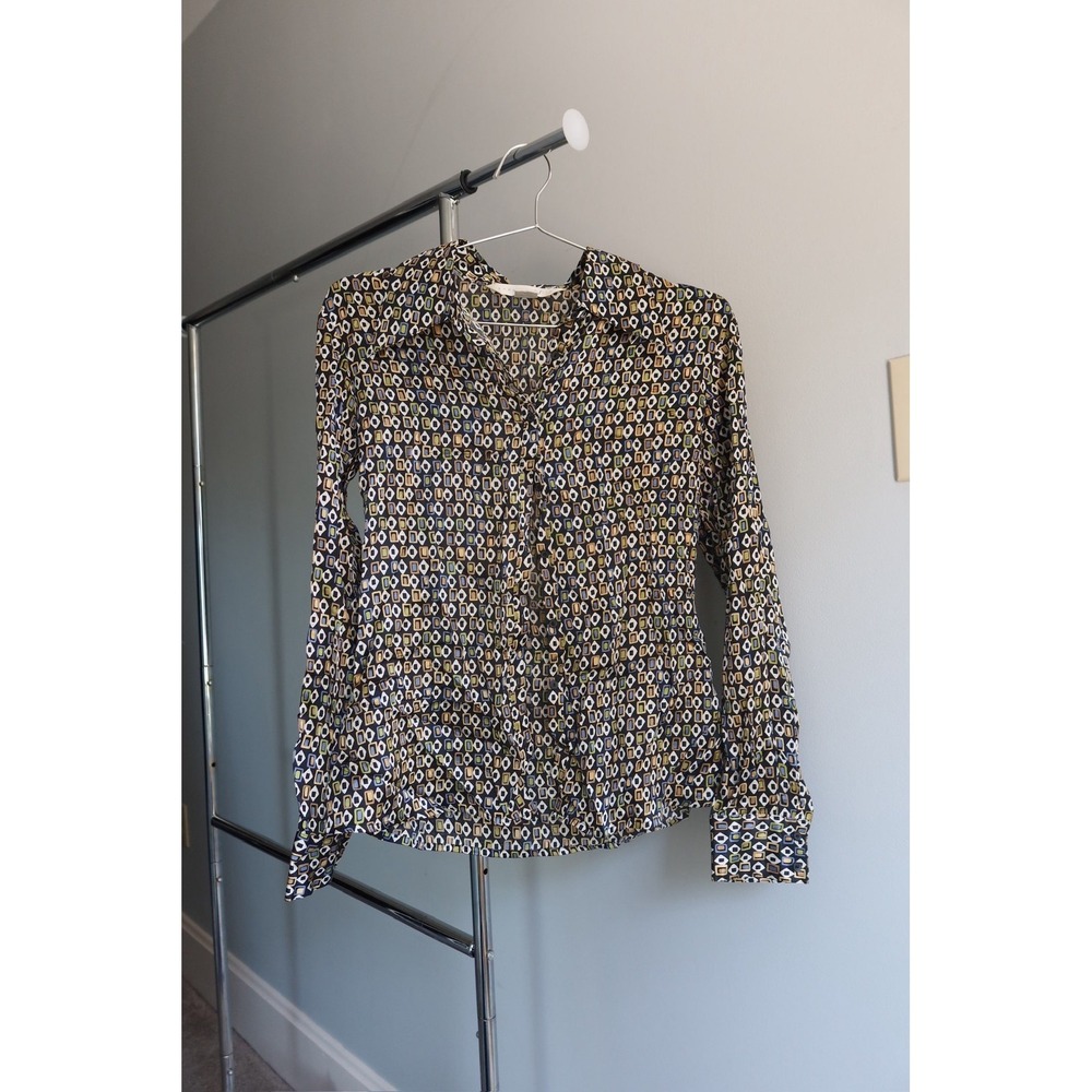 Express‎ 100% Silk Geometric Button Down Shirt Blouse Long Sleeve Women's Small